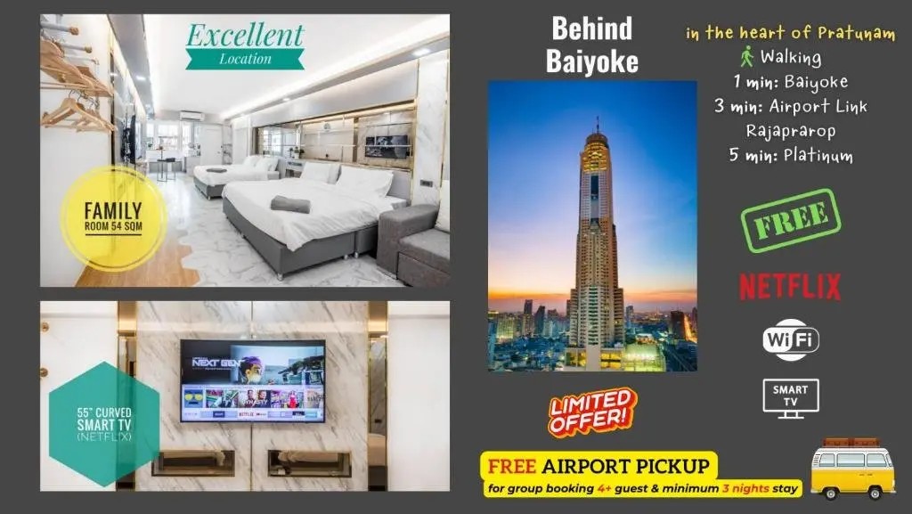 Бангкок: Family Hub Pratunam 6 FREE Airport pickup min 3nights and 4Adults stay