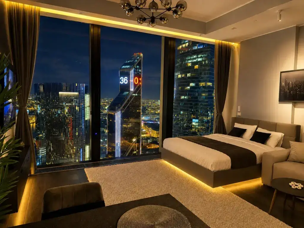 Апартаменты Sky City Moscow 63 этаж! Редкий вид на Москву! Большое окно! Закатная сторона! С Алисой и подсветкой! — фото 1