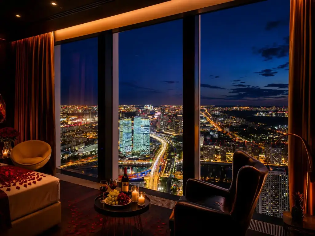 Москва: Апартаменты Sky City Moscow Джакузи у окна на 55 этаже с подсветкой и музыкой Закатная сторона Редкий вид на Парк победы и город