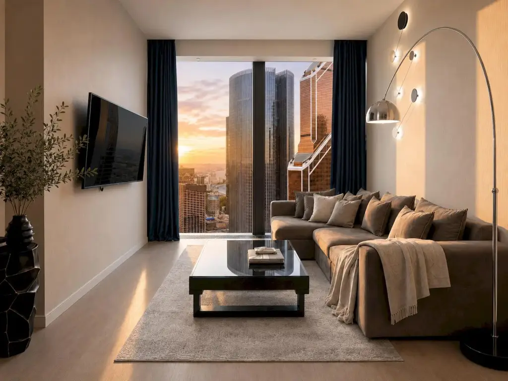 Апартаменты Москва Сити AV Sunset 2 комнаты 35 этаж с колонкой и подсветкой — фото 1