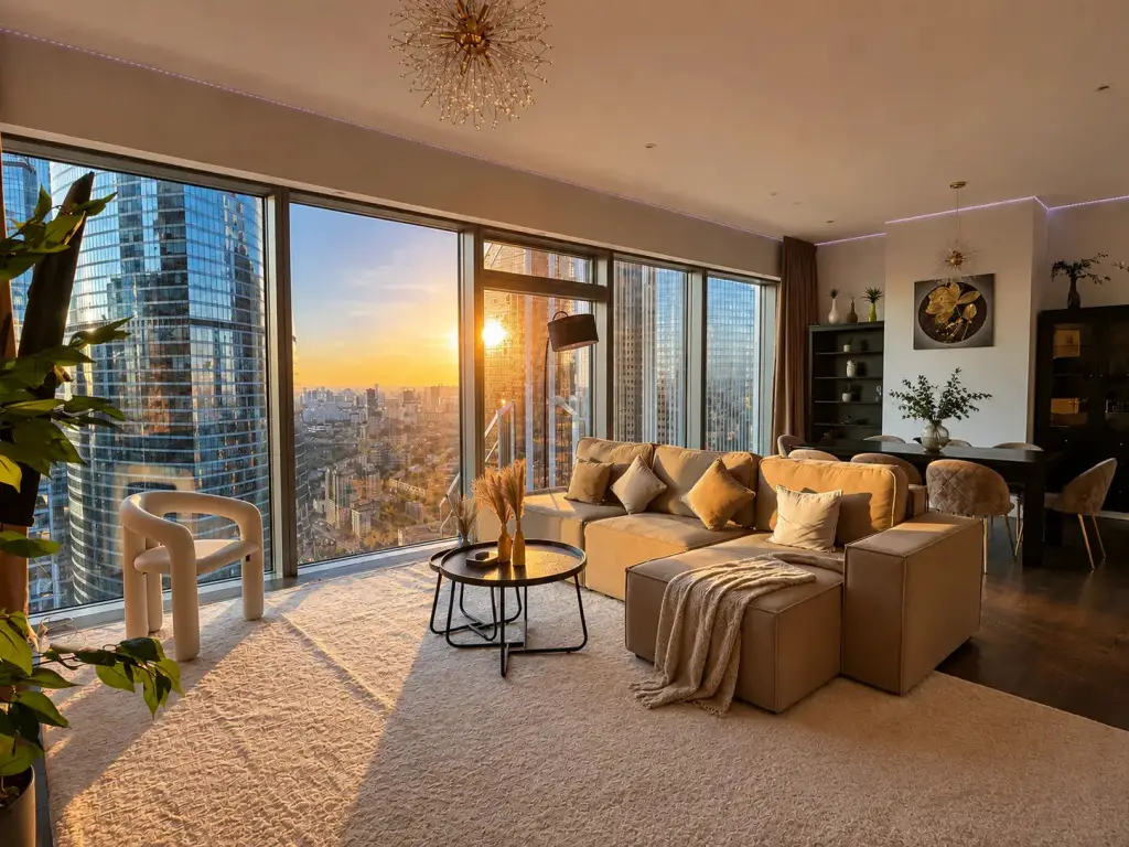 Апартаменты Sky City Moscow Подсветка Алиса Макс Большая гостиная с панорамой — фото 1